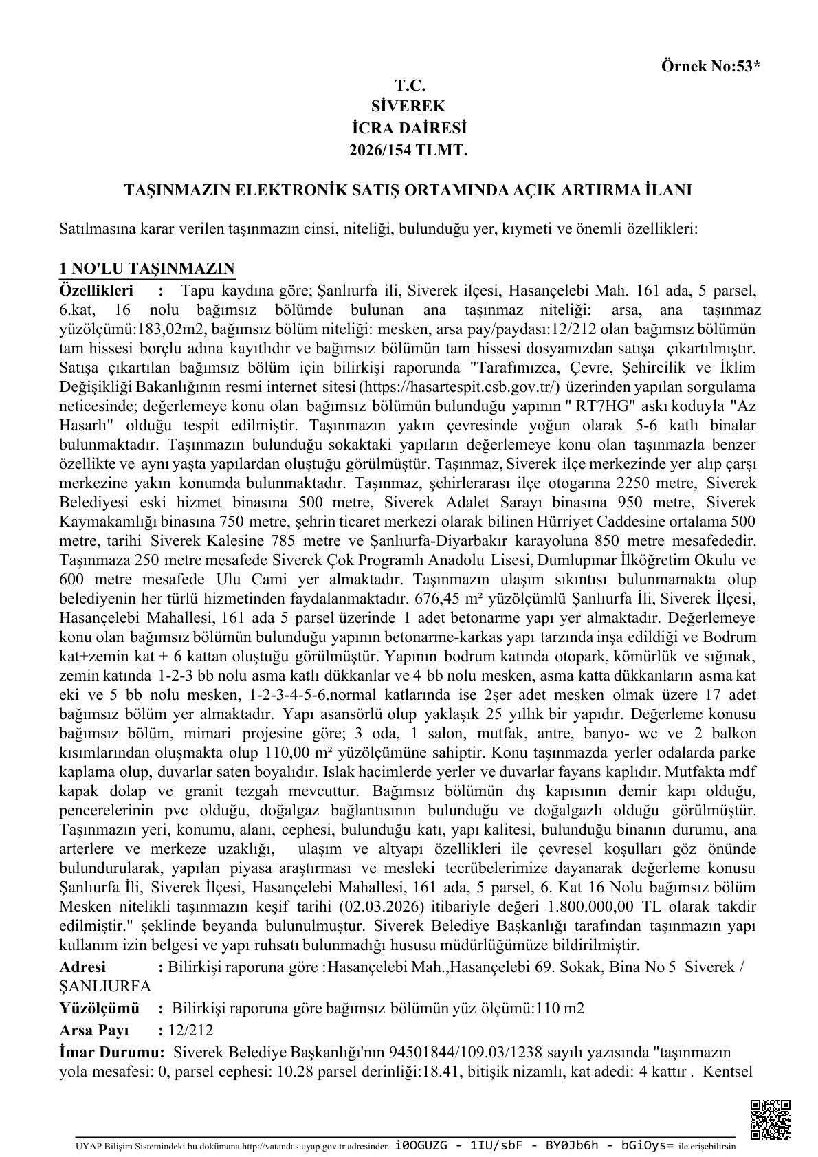 İCRA DAİRESİ TAŞINMAZIN ELEKTRONİK SATIŞ ORTAMINDA AÇIK ARTIRMA ILANİ -20